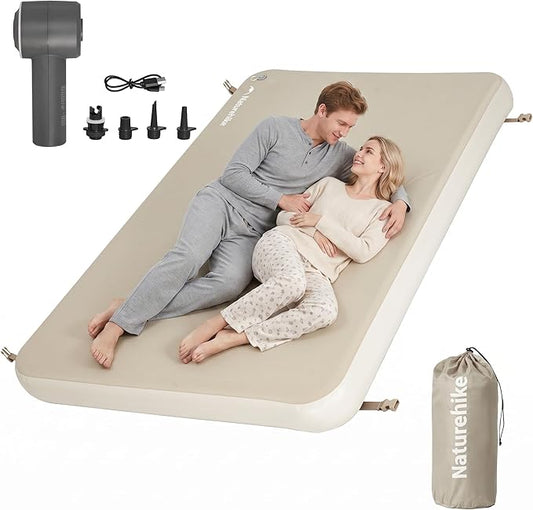 Naturehike 4" Drop Stitch Double Sleeping Pad with Electric Pump, 882 LBS Non-Collapsible Strong Support, Connectable Camping Mattress, Full Size Inflatable Air Mattress for Home, Camping, Guest