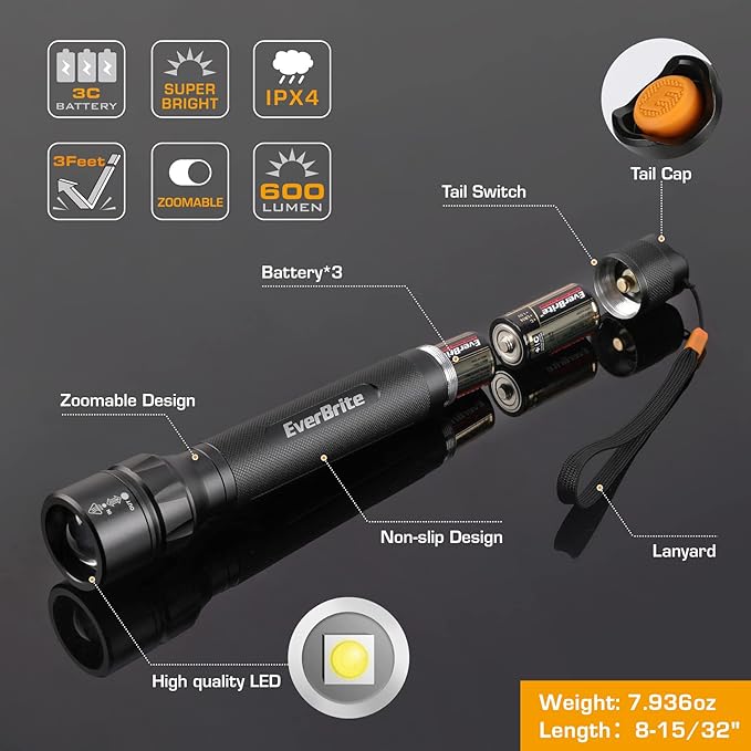 EverBrite Ultra Bright Tactical Flashlight, 600 Lumen Zoomable Adjustable Focus, 4 Light Modes, Heavy-Duty Aluminum Flashlight for Hurricane Supplies Camping, 3C Alkaline Batteries Included