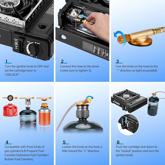 WADEO Three Fuel Portable Camping Stove with Windblocker, 3 in 1 Propane Butane Isobutane Stove with Carrying Case and Stainless Steel Hose Adapters, Gas Camp Stove for Cooking, BBQ, Travel RV, Hiking