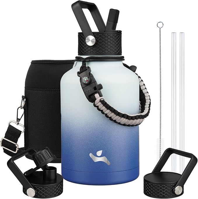 Konokyo Insulated Water Bottle with Straw,50 oz 3 Lids Water Jug with Carrying Bag,Paracord Handle,Double Wall Vacuum Stainless Steel Metal Flask,Sky