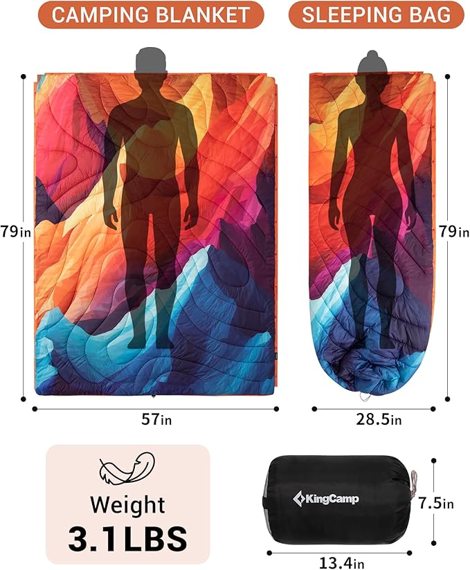 KingCamp Large Camping Blanket with Sherpa Lining, Packable Down Alternative Puffy Printed Wearable Blanket with Snap Buttons, Warm Weatherproof Quilt for Outdoor Travel (79" L x 57" W, Peak)