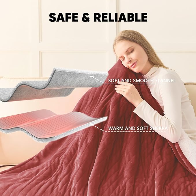 greenoak Heated Blanket Electric King Size 100"X90" Dual Control, Heating Blanket 10 Levels 1/2/4/6/8 Hours Auto-Off, Soft Sherpa Warm Christmas Blanket, Red