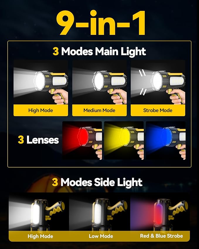 AlpsWolf Rechargeable Spotlight Flashlight, 100000 Lumen Super Bright Handheld Spotlight, IP68 Waterproof Searchlight with Foldable Stand & 3 Color Lens for Camping Hunting Emergency