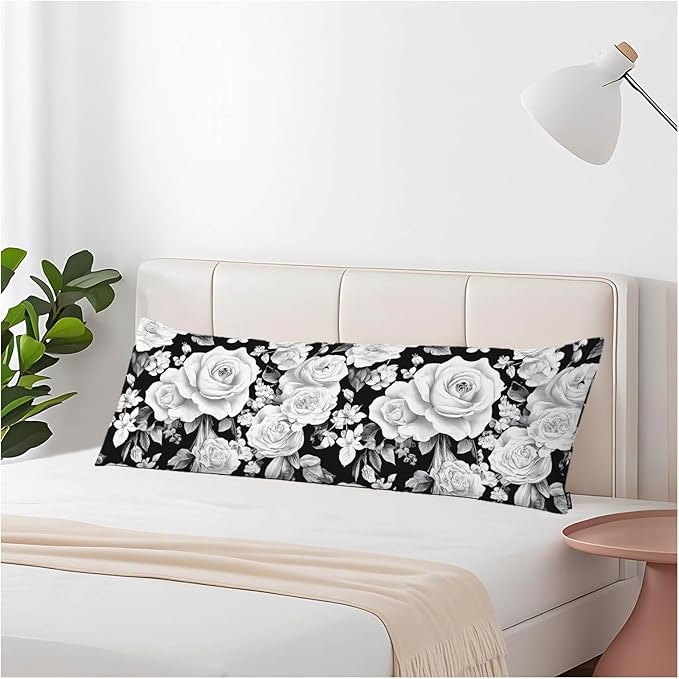 Rose Body Pillow Pillowcase Farmhouse Body Pillow Cushion Covers Floral Peony Roses Black White, 20x54 Inch Bedding Pillow Protectors Large Pillow Cases for Home Couch Sofa