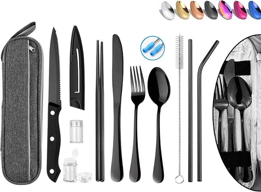 Portable Reusable Travel Utensils Silverware with Case,Travel Camping Cutlery set,Chopsticks and Straw, Flatware Cutlery with Case, Stainless steel Utensil set Top (Black)