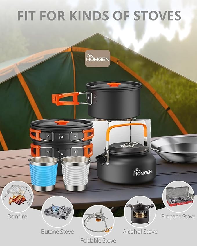 HOMGEN Portable Camping Cooking Set with Folding Windscreen-Lightweight Aluminum Camp Pots and Pan-800ml Teapot- 2 Cups & Plates- Complete Camping Mess Kit for Hiking Picnic Camping RV Trevel Trip