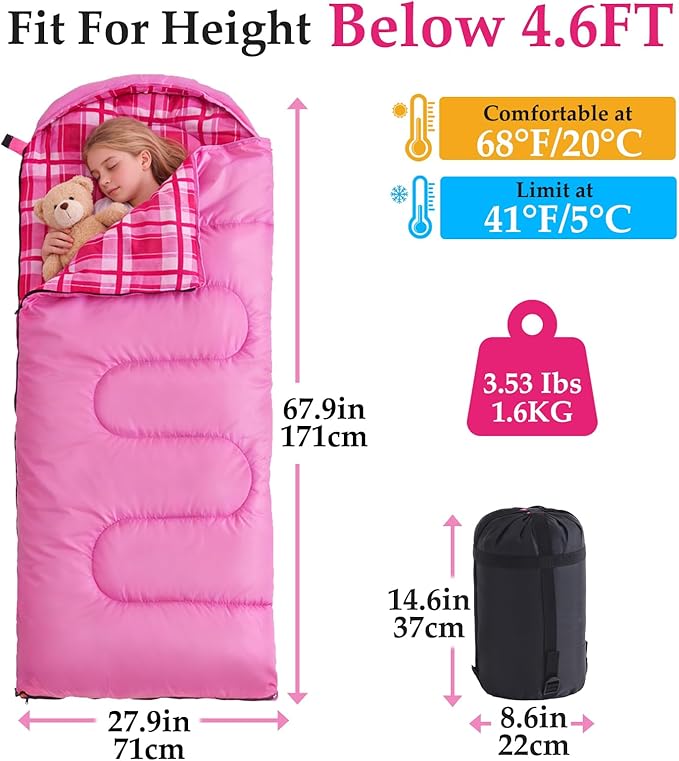 Uniqwamer Kids Sleeping Bag for Girls Boys - 4 Seasons Cold & Warm Weather Flannel Camping Sleeping Bags, Lightweight & Waterproof 45°F Sleeping Bag for Camping Hiking Outdoor Travel