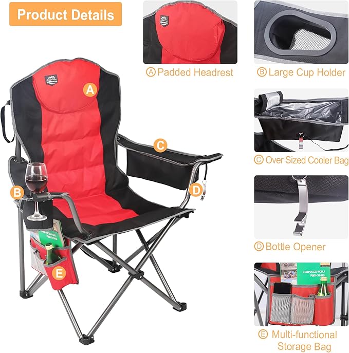 Northroad Oversized Camping Chair, Full Padded Outdoor Folding Chair Support 350 LBS, Heavy Duty Lawn Chair w/Cup Holder, Cooler Bag, Lumbar Support for Adult-Black