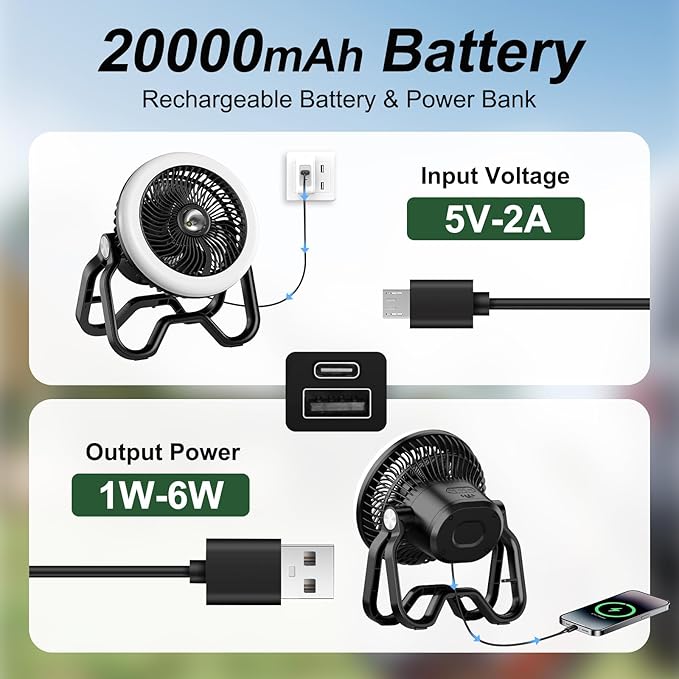 Portable Fan Rechargeable Camping Lantern-40Hrs,20000mAh Cordless Battery Operated Oscillating Fan with Remote,Hanging Hook and Magnetic Base, 3 Speeds for Tents, Outdoor, RV, Outage