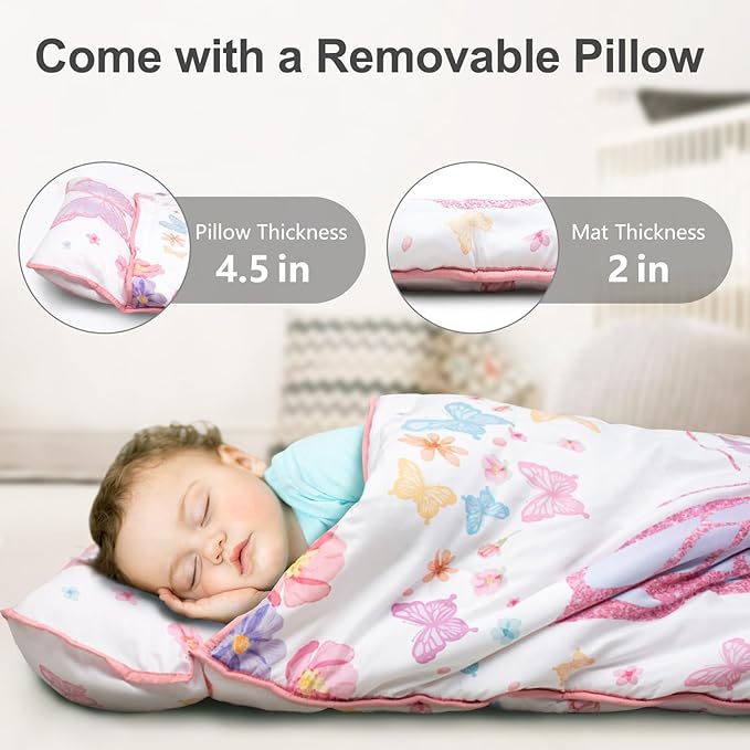 Primlect Thickened Toddler Nap Mat with Removable Pillow and Minky Blanket, Extra Large 55''x35'' Sleeping Bag, Washable, Roll up, Perfect for Daycare, Preschool, Kindergarten, Girls Butterfly