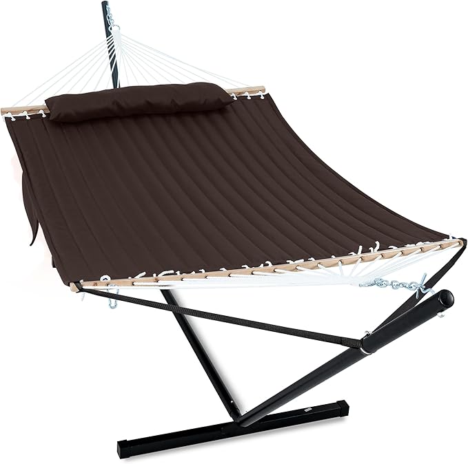 GAFETE 2 Person Hammock with Stand for Outside, Heavy Duty Steel Stand, Double 55inch Hammocks, Large Removable Pillow, Storage Bags, Max 475 lbs Capacity (Brown)