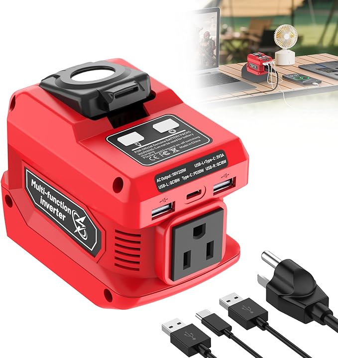 220W Power Inverter Compatible with Milwaukee 18V Battery (Battery Not Included), DC 18V to AC 110V Portable Power Station with 400LM LED Light, 1 AC Outlet, 2 USB & 1 Type‑C Fast Charging