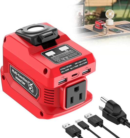 220W Power Inverter Compatible with Milwaukee 18V Battery (Battery Not Included), DC 18V to AC 110V Portable Power Station with 400LM LED Light, 1 AC Outlet, 2 USB & 1 Type‑C Fast Charging