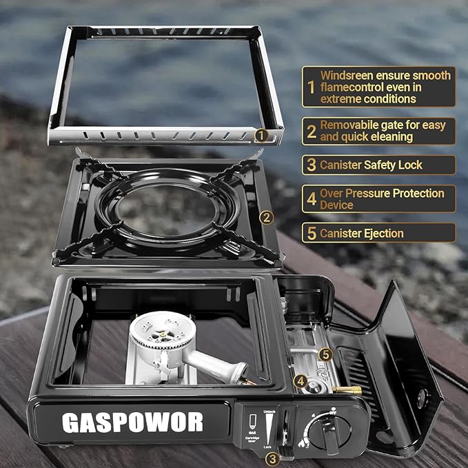 Propane or Butane Stove Dual Fuel Stove Portable Camping Stove, 10,000 BTU Butane Propane Stove with Carrying Case&Windblocker, Automatic Ignition for Emergency Preparedness Kit (Fuel Not Included)