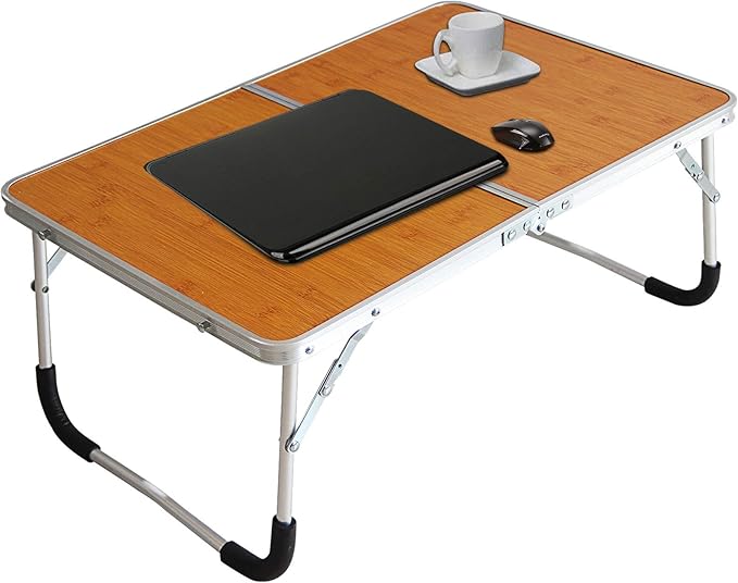 Jucaifu Foldable Laptop Table, Bed Desk, Breakfast Serving Bed Tray, Portable Mini Picnic Table & Ultra Lightweight, Folds in Half with Inner Storage Space (Bamboo Wood Grain)