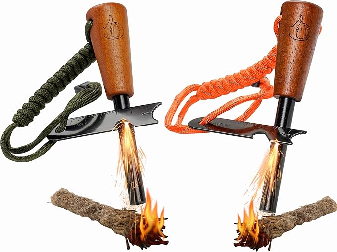 onlyfire Fire Starter Survival Tool, Ferro Rod Kit with Tinder Wick, Pouch, Waterproof Flint and Steel Fire Starter for Camping, Hiking and Backpacking Gear