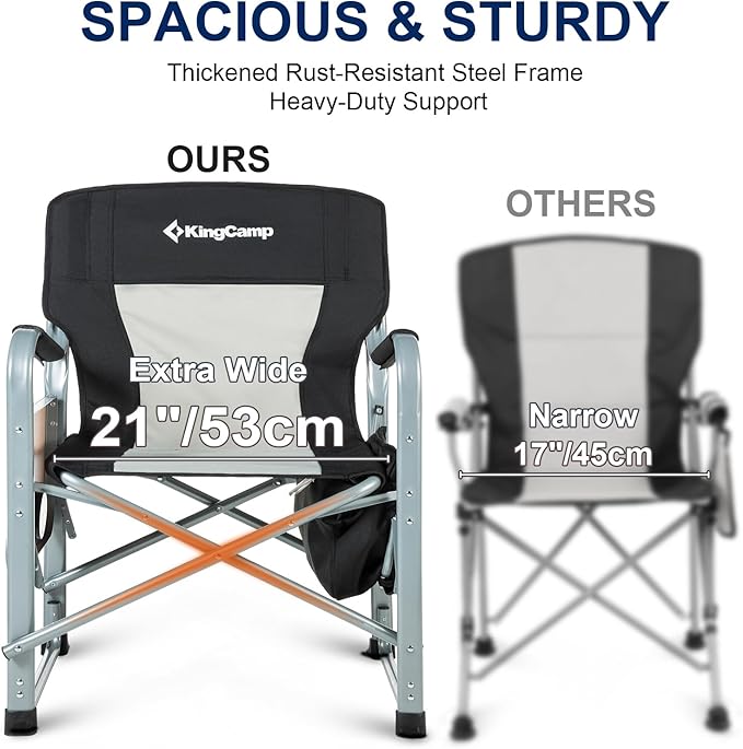 KingCamp XXL Oversized Directors Chair with Side Table, Folding Camping Chairs Heavy Duty 600lbs with Cooler Bag, Portable Camp Chair with Wide Seat for Hiking Fishing Lawn Outdoor and Sports