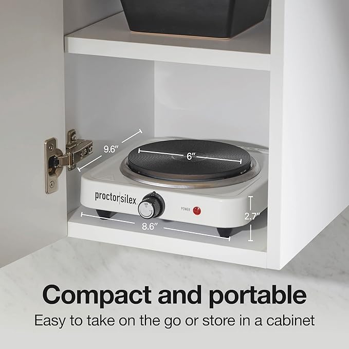 Proctor Silex Portable Electric Stove, Cast Iron Single Burner Cooktop, Compact, Adjustable Temperature Hot Plate, 1000 Watts, White (34107)