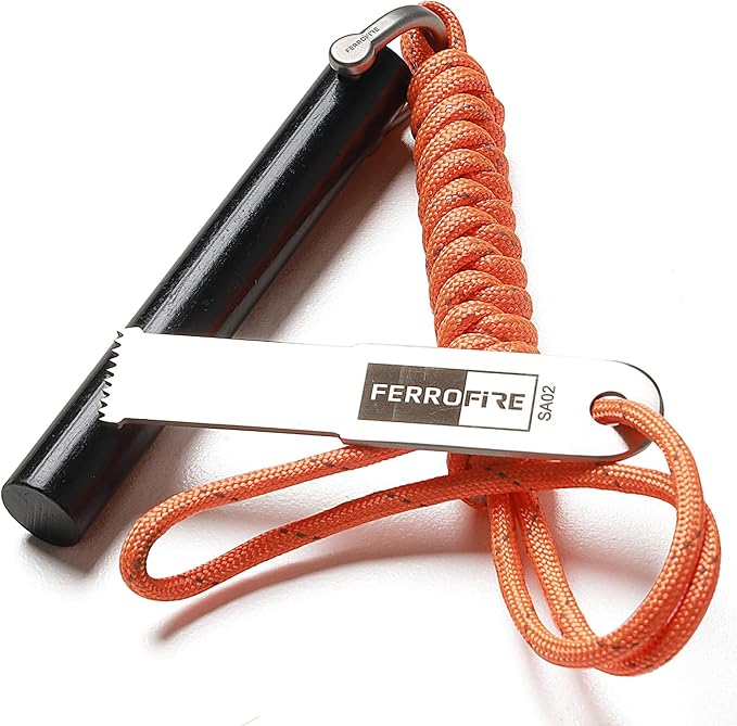 FS916 Super-Duty Fire Starter - 9/16 Inch Thick x 4 Inch Long Large Ferrocerium Rod with Magnesium, Carbon Steel Striker & 550 Paracord Lanyard for Camping, Survival, Emergency Kits