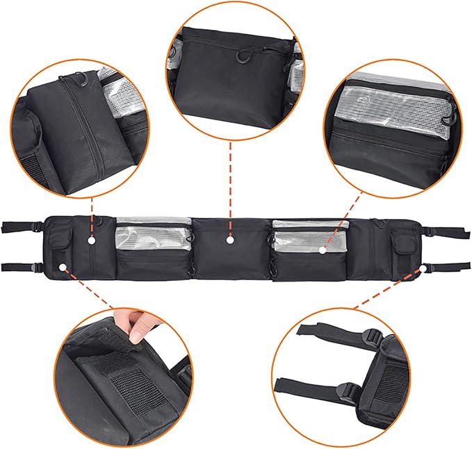UTV Overhead Storage Bag for Kubota RTV400 2010–2016, Roll Bar Organizer with Multiple Zipper Pockets, Roof Cargo Bag for Side by Side Accessories