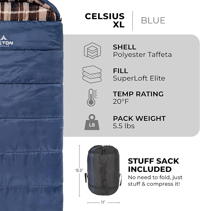 Teton Celsius XL, 25F, 20F, 0F Degree Sleeping Bags, All Weather Warm Sleeping Bag for Adults and Kids, Camping Season, Compression Sack Included