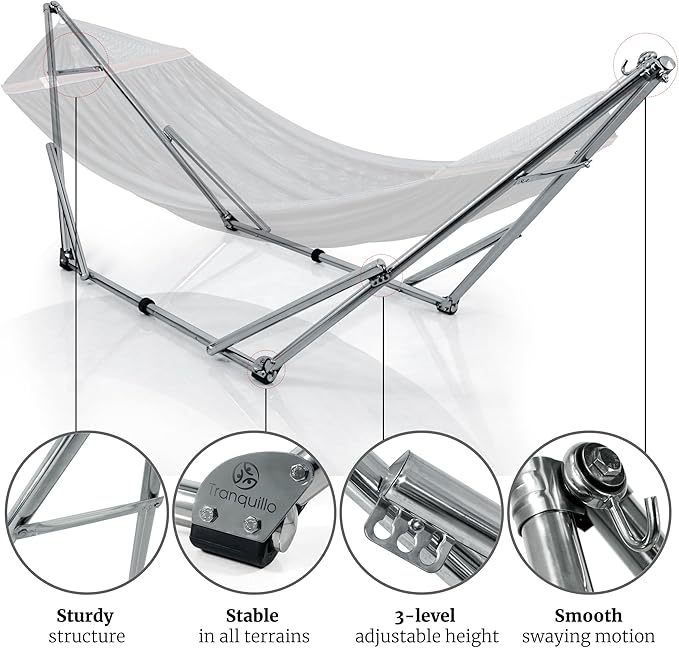Tranquillo Adjustable Hammock Stand, Collapsible Camping Hammock and Stand, 650 lbs Capacity Deluxe Double Hammock Stand for 2 Persons, Portable Everywhere Easy Assembly Non-Slip and Noise-Free, Black