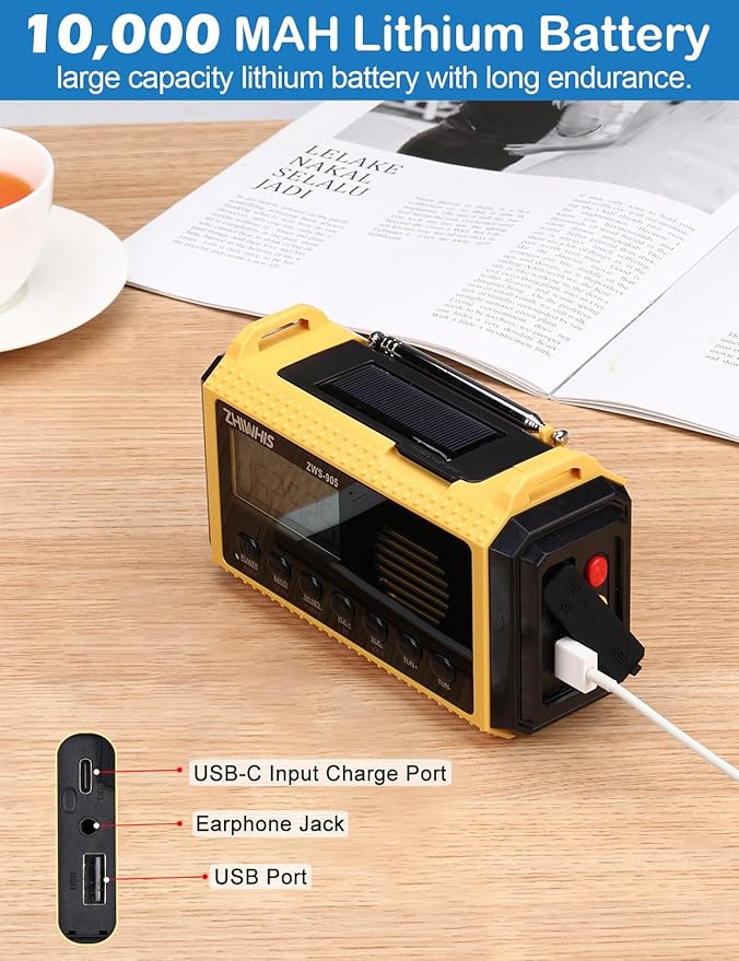 ZHIWHIS Emergency Radio with Auto NOAA Alerts, 10000mAh AM FM SW Weather Radios, Hand Crank/Solar/SOS/Flashligh/Reading Lamp/Timer Portable Receiver with Preset, for Emergencies ZWS-905