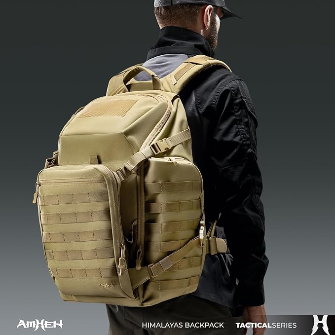 AMHEH 52L Tactical Backpack - 1050D 72 Hour Bug Out, 17" Laptop Compartment, Helmet Pocket and MOLLE for Survival Emergency (Tan)