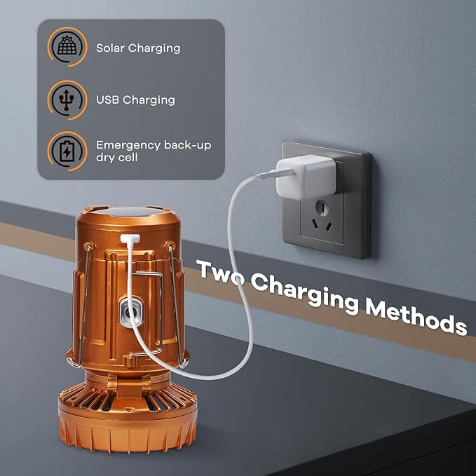 5-in-1 Solar Light and Fan (Gold) - Rechargeable Lantern with Phone Charger & Portable Power for Hurricane, Emergency, Camping, Power Outage