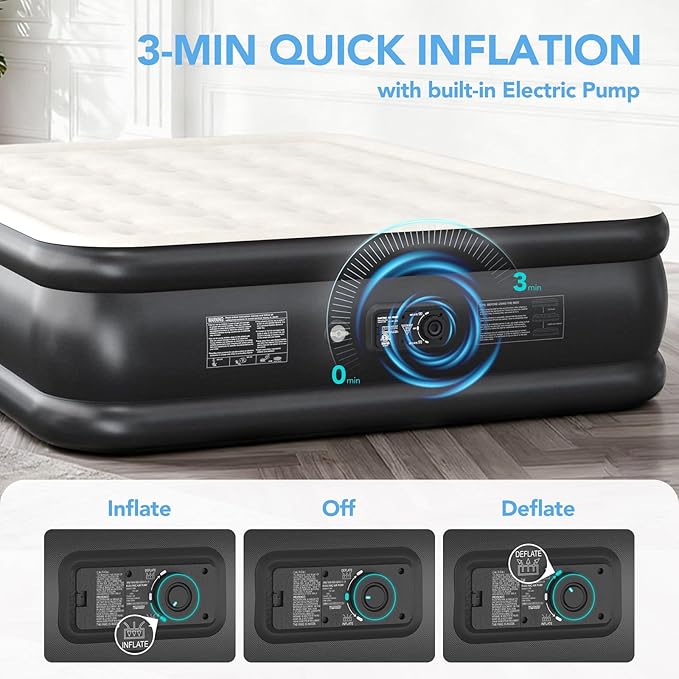 Queen Air Mattress with Built in Pump, 18” High Inflatable Mattress with Storage Bag, 3 Mins Easy Inflation/Deflation, 800lbs Heavy Duty Blow up Mattress, Flocked Top Air Bed for Home & Guests