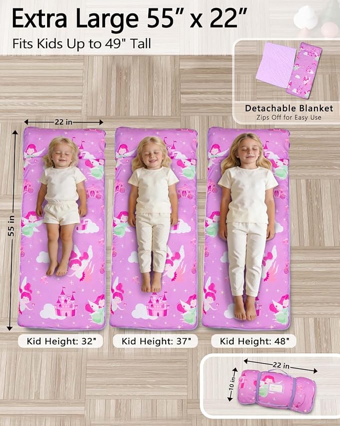 Primlect Toddler Nap Mat Extra Large Thickened 55''x35'', Soft Sleeping Bag with Detachable Minky Blanket and Pillow, Portable for Daycare, Preschool, Kindergarten, Travel, Boys and Girls
