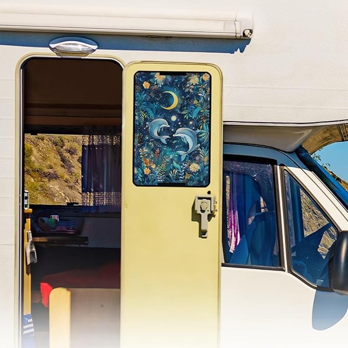 Dolphin Moon RV Door Window Shade Cover, RV Door Window UV Protective Cover, Foldable Travel Trailer Motorhome Rv Screen Door Protector, RV Accessories for Inside