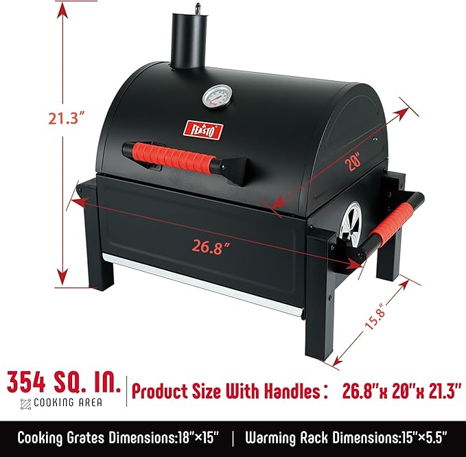 Feasto Portable Charcoal BBQ Grills with Cast Iron Grates, Tabletop Charcoal Grills with 354 Sq. In Cooking Area, for Outdoor Camping and Picnic, Black, L26.8’’x W20’’x H21.3’’