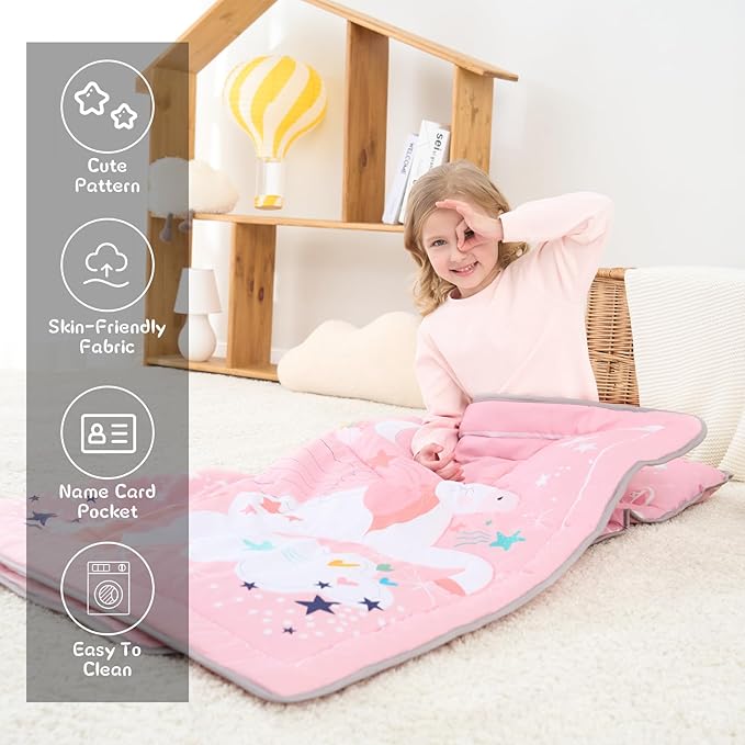 UOMNY Toddler Nap Mat - 1 Pack Girls Sleeping Bag with Removable Pillow - Unicorn 53x21Inch Kids Preschool Nap Sack with Pillow Pink Girls Napper Nap Mats for Daycare Napping Bag for Girls