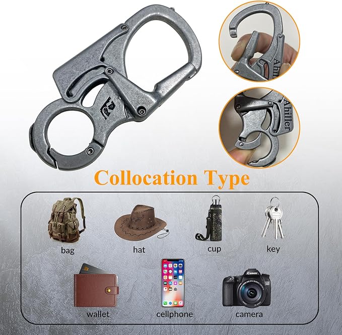 Ahiller Carabiner Keychain Clip, Double Lock Designed - Tungsten Steel Tip, Multifounction Tools for Camping, Hiking, Fishing, Outdoor Survival