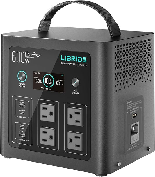LIBRIDS Portable Power Station C600, 640Wh 600W Solar Generator, LiFePO4 Battery, 1.5H Fast Charge, 10ms UPS, 8 Ports(4 AC) for Camping, Home Backup & Outages - Grey