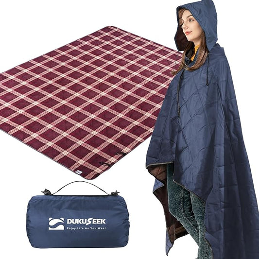 DUKUSEEK Hooded Outdoor Blanket, Extra Large 79" x 59" Waterproof Camping Blanket, Quilted, Thick Fleece, Warm, Windproof, Sand Proof, Portable and Wear-Resistant, Perfect for Stadium, Picnic