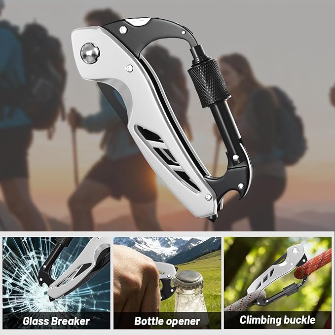 9 in 1 Multitool Carabiner Pocket Knife for Men,EDC Carabiner Knife, Bottle Opener and Screwdriver, Survival Gear for Camping Hiking Gifts for Men Stocking Stuffers Gifts for Him and Her (Silver)