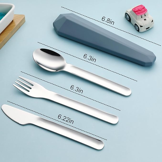 Utensils for Lunch Box Accessories, DEVICO Travel Silverware Set with Case, Camping Flatware Include 18/8 Stainless Steel Knife Fork and Spoon Set, Reusable Portable Cutlery Set for School (Blue)
