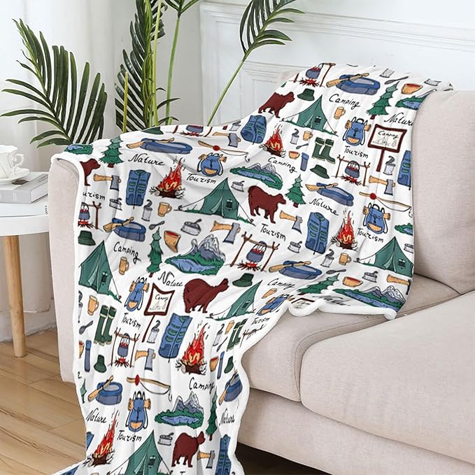 Camper Throw Blanket, RV Camper Accessories for Travel Trailers Throw Blanket, Flannel Camping Soft Warm Cozy Throws Cover for Couch Chair Sofa Bed Outdoor Inside Travel Decor
