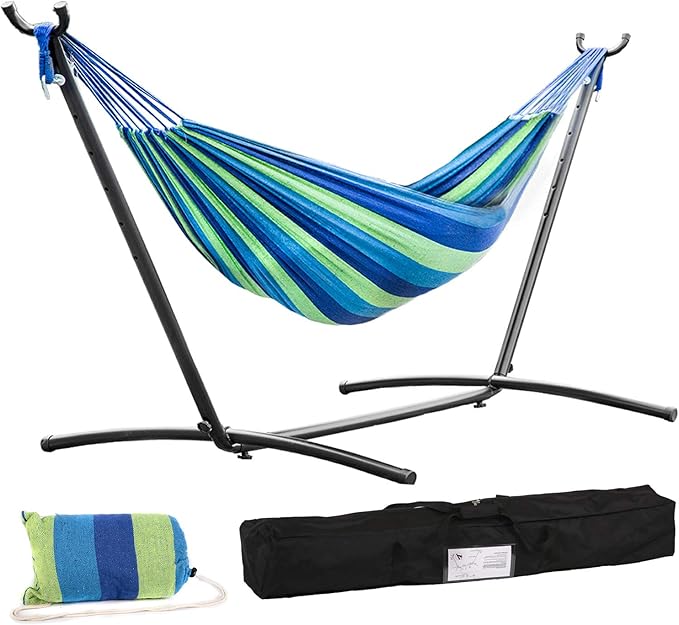 FDW Double Hammock Stands Portable Hammock Stand Heavy Duty Steel Stand for Outdoor Patio or Indoor (Blue)