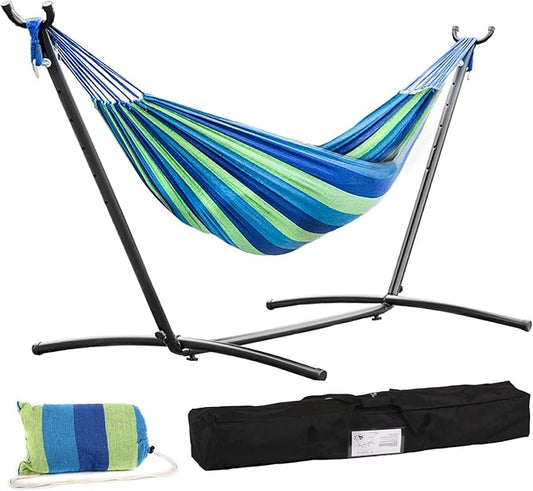 FDW Double Hammock Stands Portable Hammock Stand Heavy Duty Steel Stand for Outdoor Patio or Indoor (Blue)
