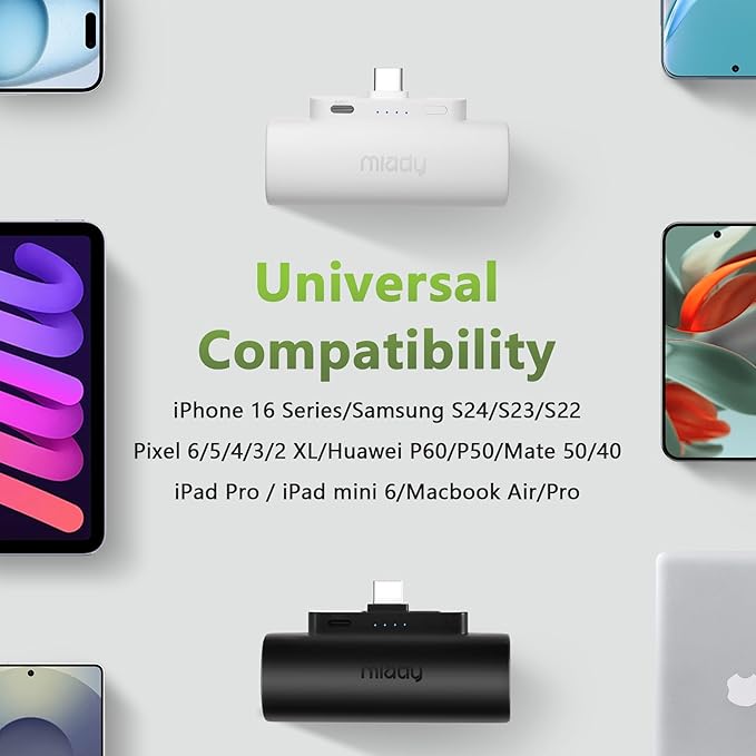Miady 12-Pack 5000mAh Mini Portable Charger with Built-in Type C Connector, 5V 2.4A USB-C Output Fast Charging Small Power Bank (Black+White+Lake Green+Clove Purple+Cream Blue+Champagne Pink)