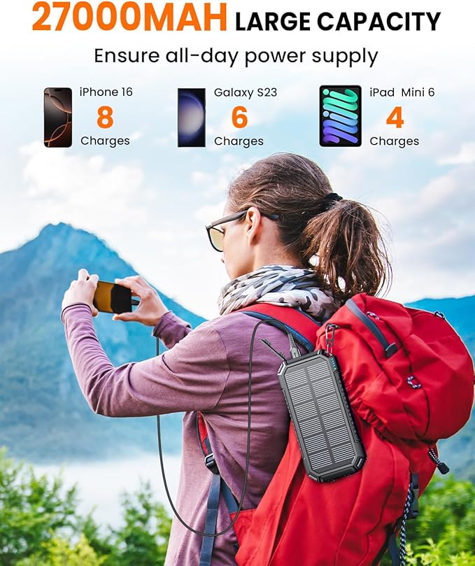 Riapow Solar Charger Power Bank - 27000mAh Wireless Portable Charger Built in 2 Cables - 22.5W Fast Charging Battery Bank with USB C in/Output - PD QC 3.0 Battery Pack Flashlight for Outdoor