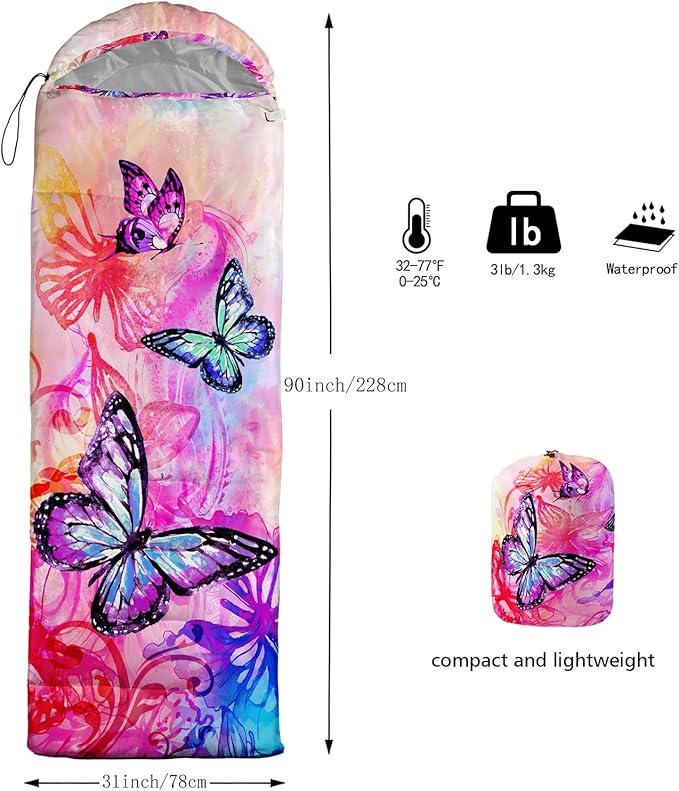 QOOMO Axolotl Cute Camping Sleeping Bags,3 Season Warm & Cool Weather,Lightweight,Waterproof Sleeping Bags for Adults & Kids,Traveling,and Outdoors