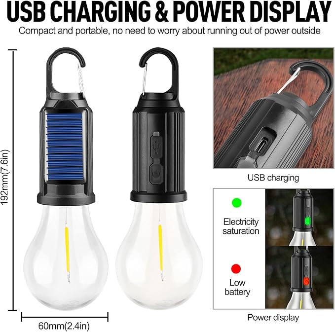Solar Tent Lamp Portable LED Tent Lights, Hook Hurricane Emergency LED Camping Light Bulb, USB Rechargeable Lantern Bulb for Camping Hiking Backpacking Fishing Outage (2)