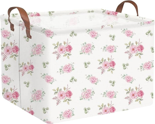 Rectangular Rose Pink Flower Basket for Girls,Waterproof collapsible laundry basket for girls,Kids Storage Baskets,Books Box,Gift Baskets,Baby Room Decor(Pink Flowers)
