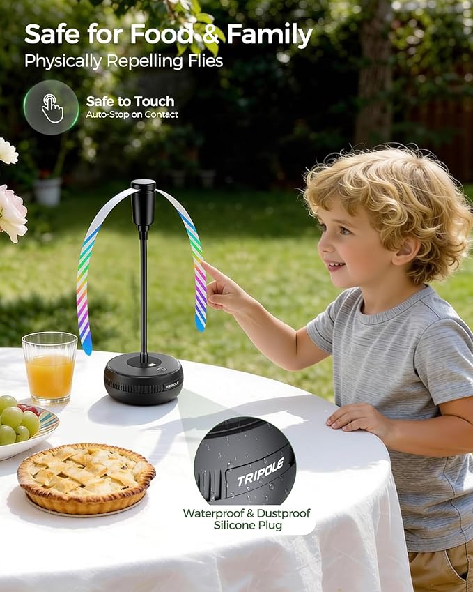 TriPole Fly Fans for Tables, Food Fans 2000mAh Rechargeable Table Fan Portable Fly Spinners with LED Display, 20H Runtime for Outdoor Picnic, BBQ Patio Parties, Camping, Kitchen, 4 Pack (Black)