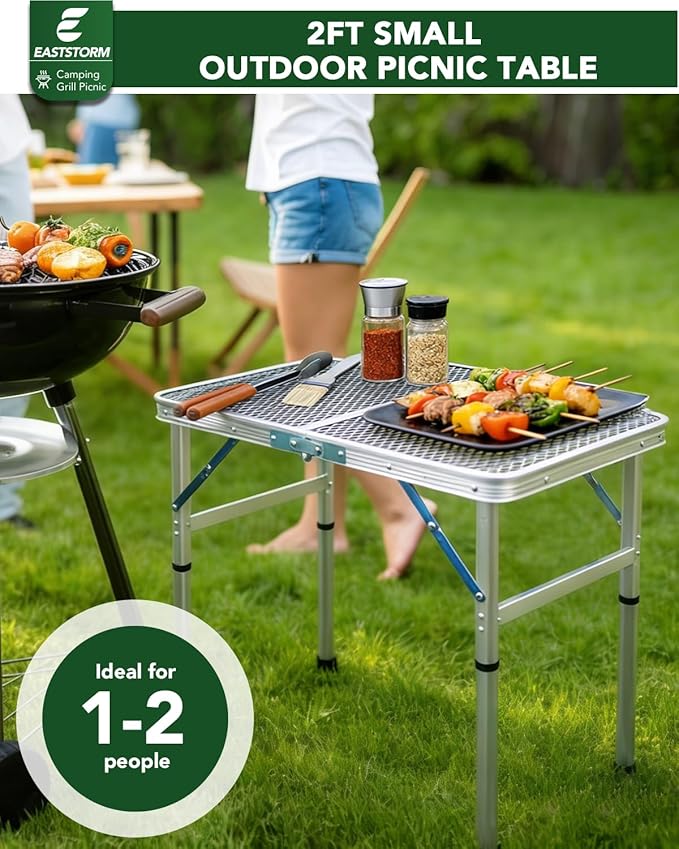 Small 2ft Folding Table with Carry Handle, Adjustable Height 10.6" or 22", Silver Metal Mesh, Portable & Compact Indoor/Apartment/Card/Side/Grill Table, 23.6"Lx15.8"W, Lightweight 4 lb, 66 lb Capacity