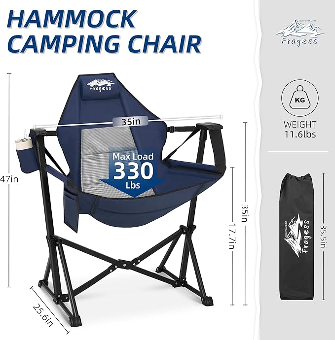 Fragess Portable Hammock Camping Chair with Adjustable Back, Folding Hammock Chair Supports 330lbs, Camping Swing Chair for Adults, Camping Hammock Chair for Lawn, Concerts, Backyard, Stargazer